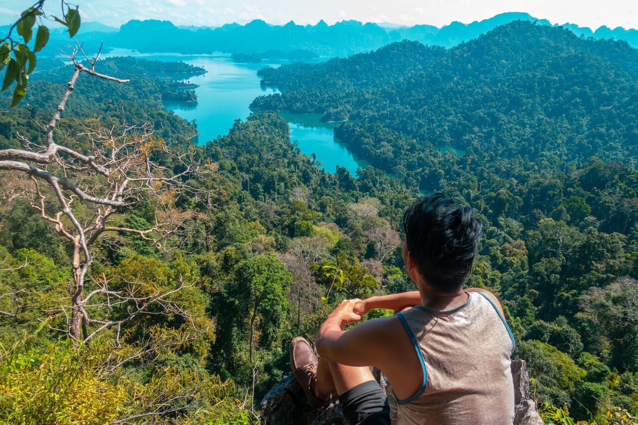 Một người đang ngồi nhìn Khao Sok từ Điểm quan sát Kri Sorn