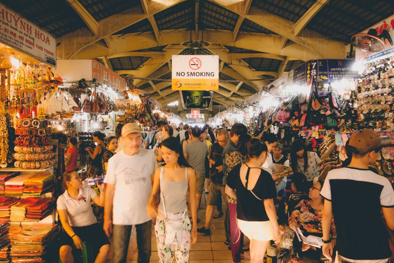 The Ben Thanh market full of people in Ho Chi Minh City in Vietnam