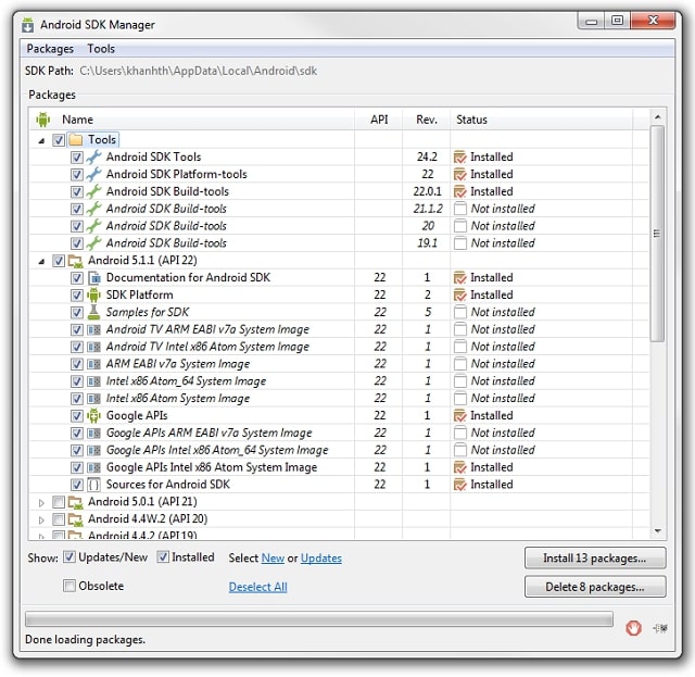 Cài đặt Android SDK thông qua cài đặt các Package