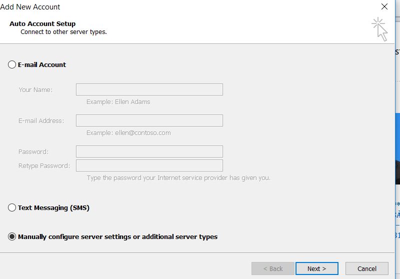 Giao diện add account trong outlook