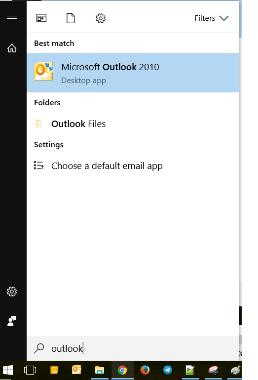 Tìm outlook trong mục menu search