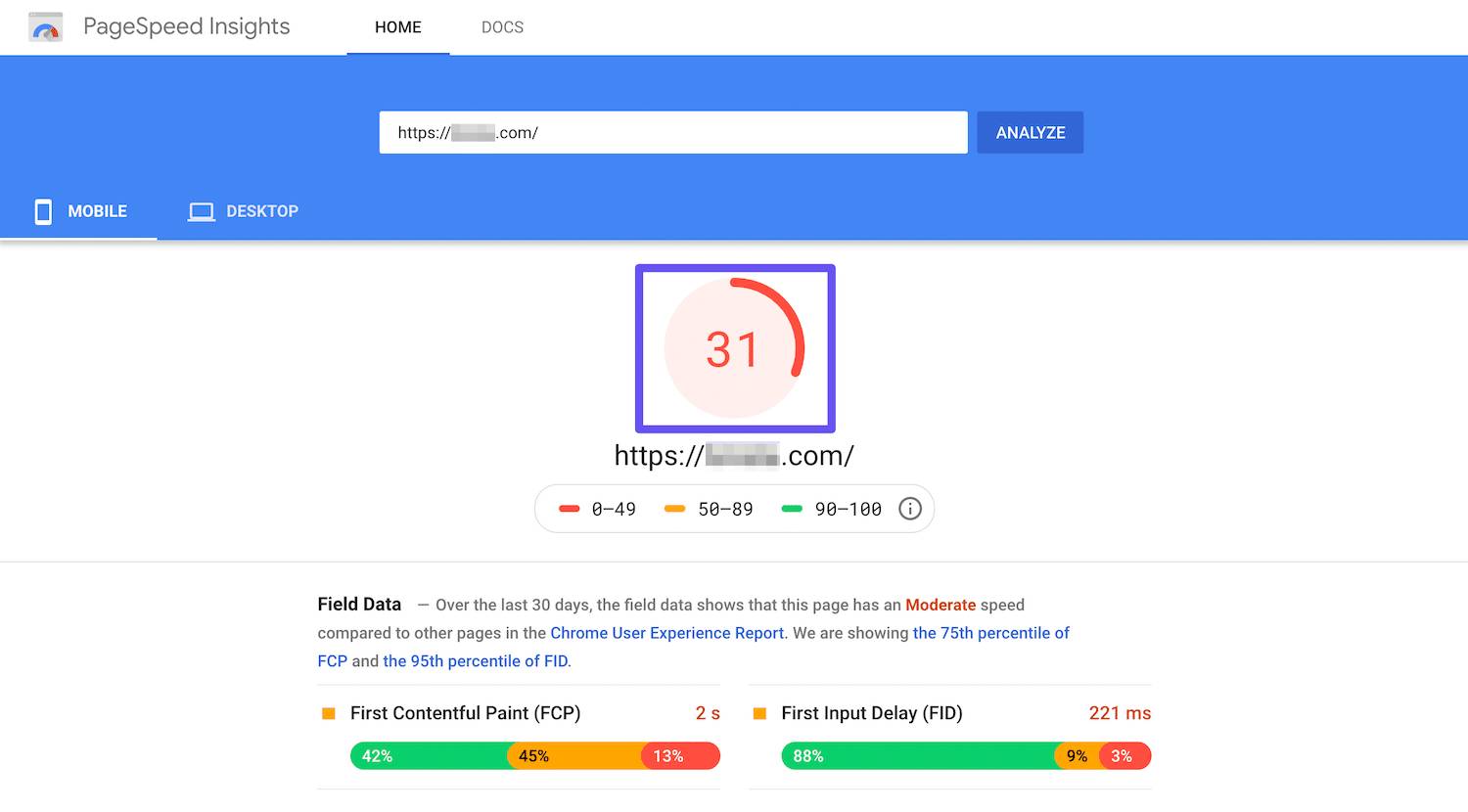 diem so Google PageSpeed ​​Insights