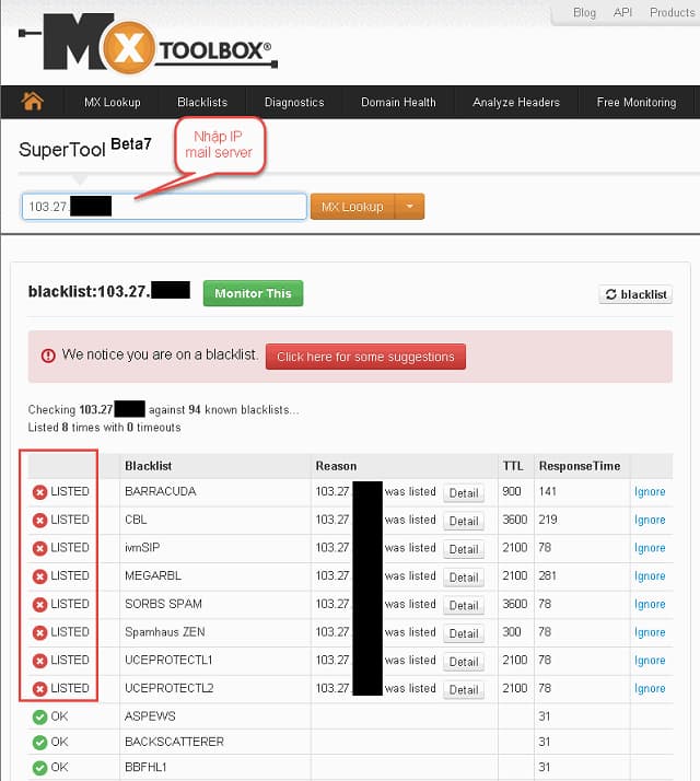 Đảm bảo IP của mail không nằm trong Blacklist