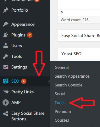 Sửa file .htaccess ngay trong Admin của WordPress bằng cách sử dụng plugin Yoast SEO bước 1