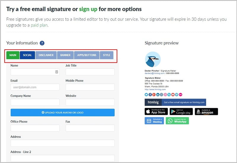 tạo chữ ký email chuyên nghiệp với HTMLSig bước 2