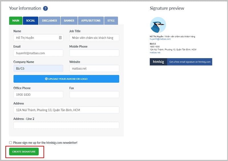 tạo chữ ký email chuyên nghiệp với HTMLSig bước 3